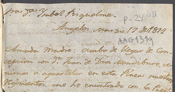 Carta 1812 Mar. 17, Ángeles a Sra. Da. Isabel Riquelme.