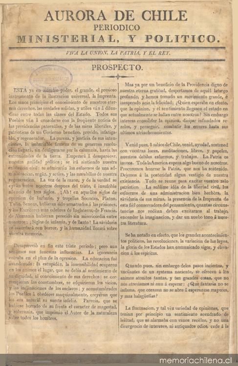 Aurora de Chile : periódico ministerial, y político : prospecto