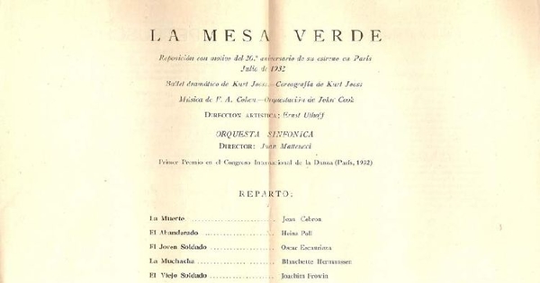 La Mesa Verde : reposición con motivo del 20° aniversario de su estreno en París, 1952