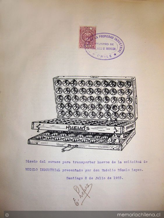 Dibujo de un envase para transportar huevos presentado por Eudolio Rómulo Lepez en 1925.