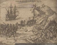 Escaramuza de expedición de Van Noort con nativos del Estrecho de Magallanes, ca. 1600