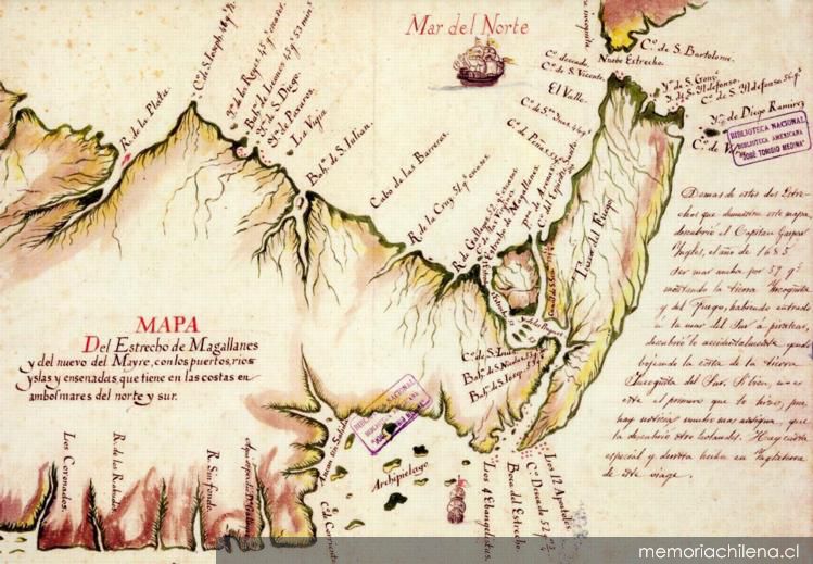 Mapa del Estrecho de Magallanes y del nuevo del mayre, con los puertos, rios yslas y ensenadas, que tiene en las costas en ambos mares del norte y del sur