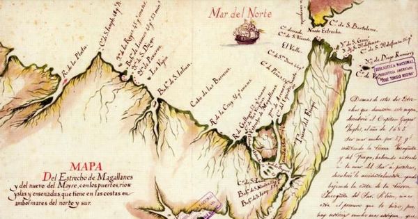 Mapa del Estrecho de Magallanes y del nuevo del mayre, con los puertos, rios yslas y ensenadas, que tiene en las costas en ambos mares del norte y del sur