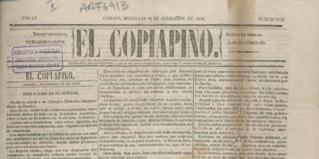 El Copiapino : 18 de septiembre de 1850