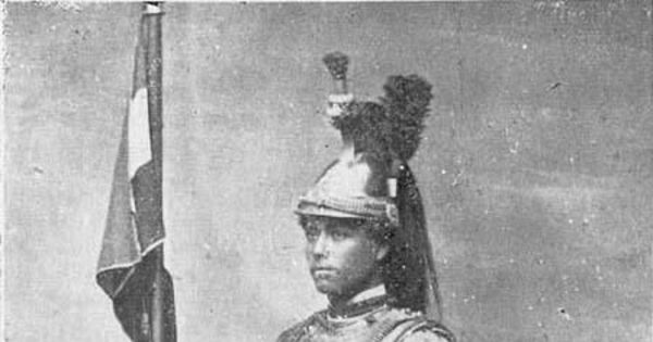 Soldado de caballería boliviano en 1879 del Escuadrón Húsares de Bolivia en uniforme de parada