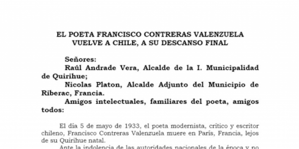 El poeta Francisco Contreras Valenzuela vuelve a Chile, a su descanso final