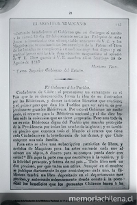 Ir a Decreto proclama, publicada en el "Monitor Araucano", órgano oficial del Gobierno, por el cual se procede a crea una Biblioteca Nacional el 19 de agosto de 1813