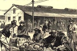 Vendedores de queques y frutas en las afueras de la pulpería