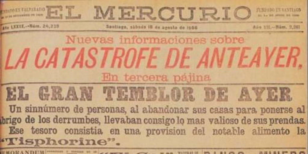 Avisos publicitarios en portada de diario El Mercurio, 1906