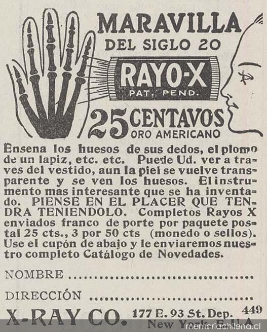 Aviso publicitario sobre rayos x, 1916