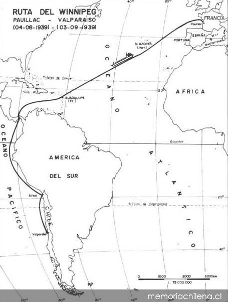 Ruta del Winnipeg : Pauillac (04-06-1939) - Valparaíso (03-09-1939)