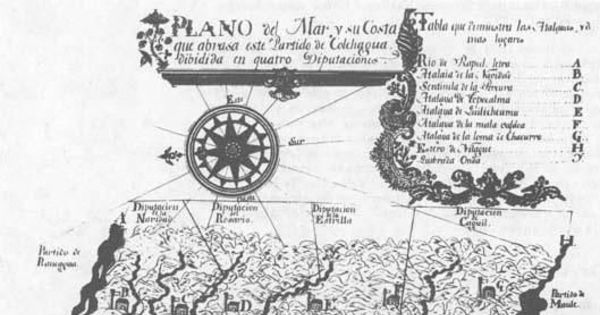 Plano de mar y costa que abraza este partido de Colchagua, dividida en quatro diputaciones