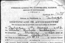 Certificado de antecedentes de Alberto Hurtado, 1947