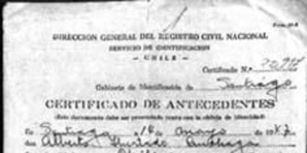 Certificado de antecedentes de Alberto Hurtado, 1947