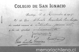 Diploma de literatura de Alberto Hurtado del Colegio San Ignacio, 1915