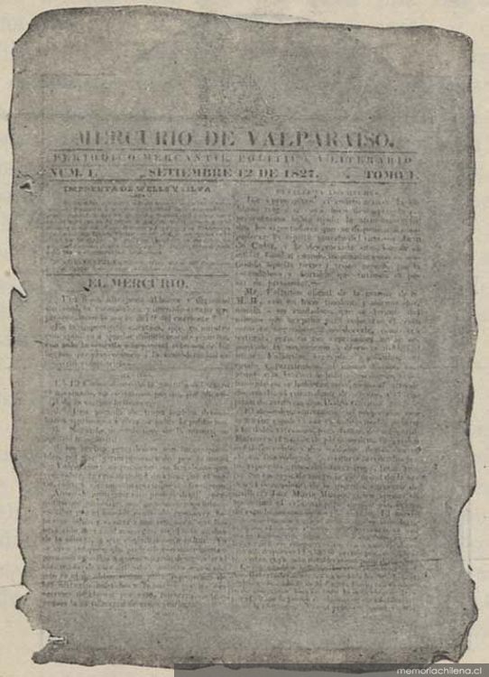 La primera página del primer número de El Mercurio aparecido el 12 septiembre de 1827