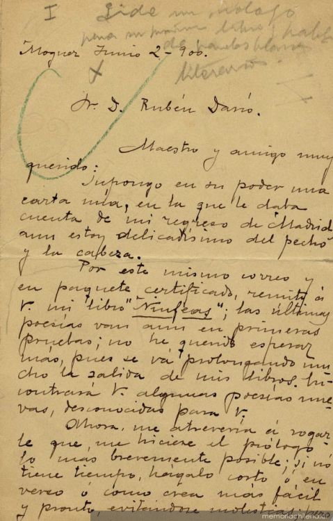 [Carta], 1900 jun. 2 Francia <a> Rubén Darío [manuscrito]