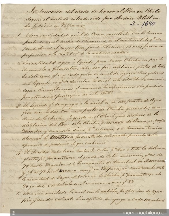 Patente de un "método para hacer Ron en Chile", concedida en 1840 a Andrés Blest en Valparaíso. El documento corresponde a la primera patente de invención propiamente tal otorgada en nuestro país.