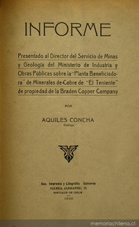 Informe presentado al Director del Servicio de Minas y Geología del Ministerio de Industria y Obras Públicas sobre la "Planta Beneficiadora" de Minerales de Cobre "El Teniente" de propiedad de la Braden Copper Company