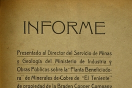 Informe presentado al Director del Servicio de Minas y Geología del Ministerio de Industria y Obras Públicas sobre la "Planta Beneficiadora" de Minerales de Cobre "El Teniente" de propiedad de la Braden Copper Company