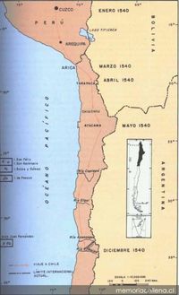 Mapa con la ruta de Pedro de Valdivia a Chile