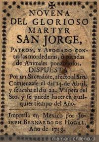 Novena del glorioso martyr San Jorge, patron, y abogado contra las mordeduras, o picadas de animales ponzoñosos