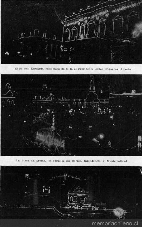 Iluminaciones de edificios y lugares públicos en Santiago, 1910