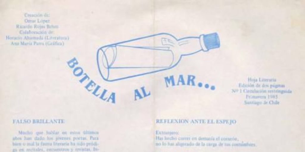 Botella al mar : hoja literaria : n° 1, primavera 1985