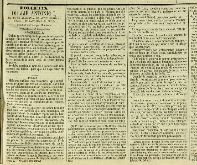 Orllie Antonio I, rey de la Araucanía: su advenimiento al trono i su cautiverio en Chile, relación escrita por él mismo