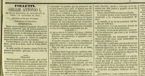 Orllie Antonio I, rey de la Araucanía: su advenimiento al trono i su cautiverio en Chile, relación escrita por él mismo