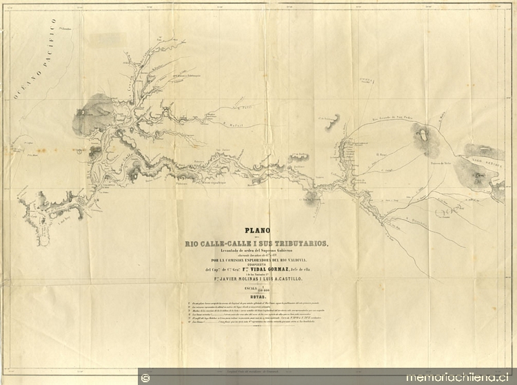 Plano del Río Calle-Calle i sus tributarios [mapa] : levantado de orden del Supremo Gobierno durante los años de 67 a 69, por la Comisión Esploradora del Río Valdivia, compuesta del Cap[it]án de Cta Grado. Fco. Vidal Gormáz, ..., i de los Tenientes 2dos. Fco. Javier Molinas i Luis A. Castillo