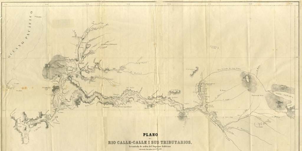 Plano del Río Calle-Calle i sus tributarios [mapa] : levantado de orden del Supremo Gobierno durante los años de 67 a 69, por la Comisión Esploradora del Río Valdivia, compuesta del Cap[it]án de Cta Grado. Fco. Vidal Gormáz, ..., i de los Tenientes 2dos. Fco. Javier Molinas i Luis A. Castillo