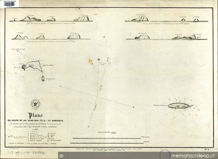 Plano del grupo de islas San Félix i San Ambrosio [mapa], levantado por la Oficialidad de la Goleta "Covadonga", al mando del Cap. Ramón Vidal Gormaz