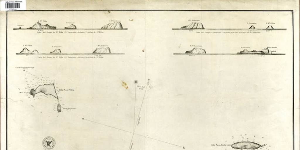 Plano del grupo de islas San Félix i San Ambrosio [mapa], levantado por la Oficialidad de la Goleta "Covadonga", al mando del Cap. Ramón Vidal Gormaz