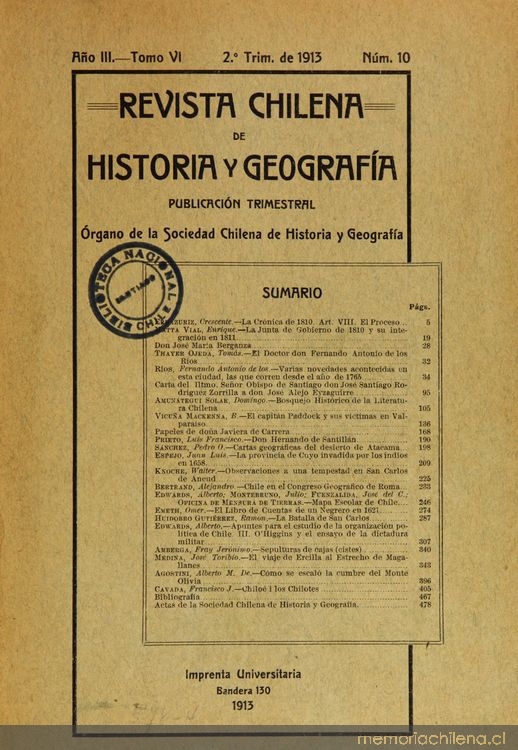 Revista chilena de historia y geografía: año III, tomo VI, n° 10, 1913