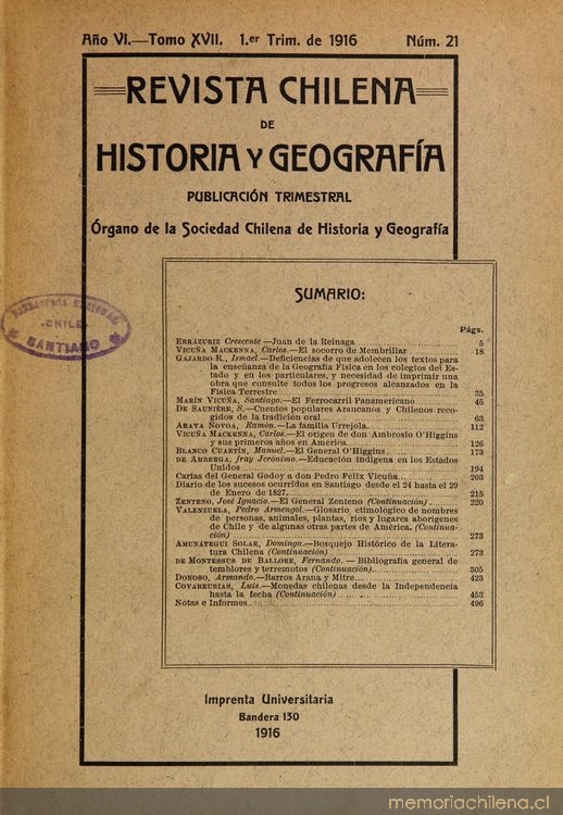 Revista chilena de historia y geografía: año VI, tomo XVII, n° 21, 1916