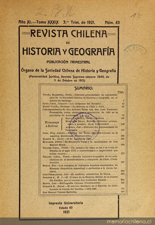 Revista chilena de historia y geografía: año XI, tomo XXXIX, n° 43, 1921