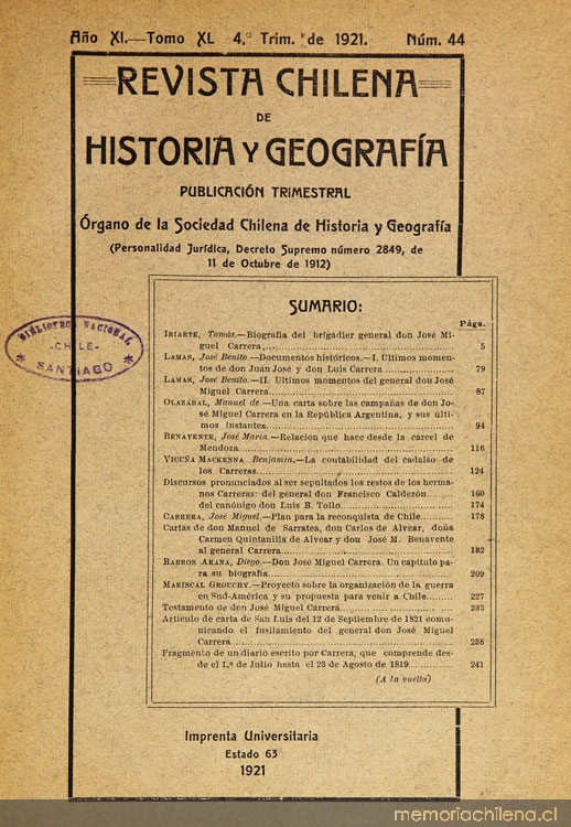 Revista chilena de historia y geografía: año XI, tomo XL, n° 44, 1921