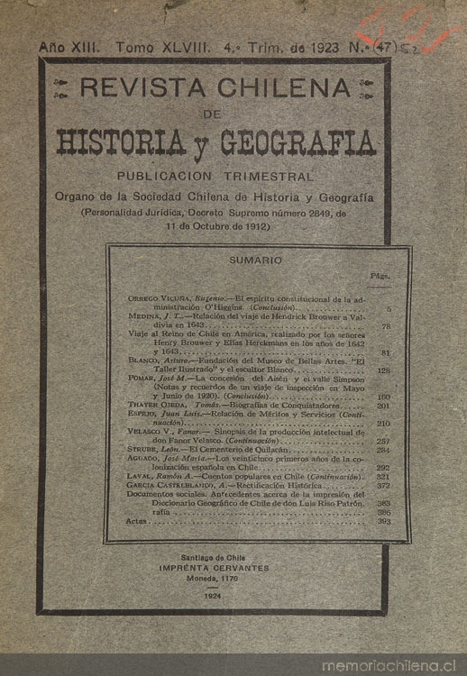 Revista chilena de historia y geografía: año XIII, tomo XLVIII, n° 52, 1923