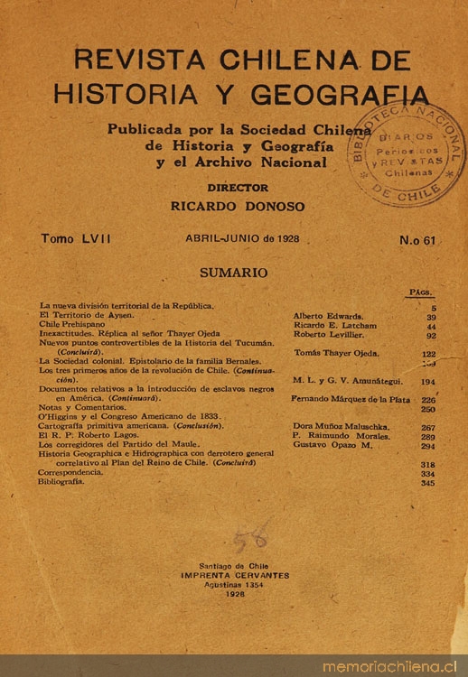 Revista chilena de historia y geografía: tomo LVII, n° 61, abril-junio de 1928