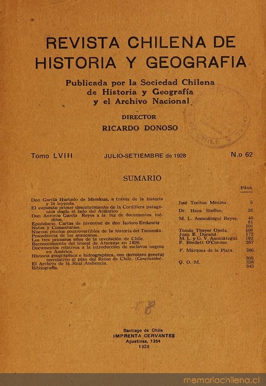 Revista chilena de historia y geografía: tomo LVIII, n° 62, julio-septiembre de 1928