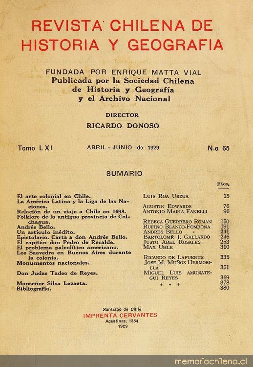 Revista chilena de historia y geografía: tomo LXI, n° 65, abril-junio de 1929