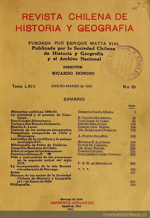 Revista chilena de historia y geografía: tomo LXIV-LXV, n° 68-69,  enero-marzo a abril-junio de 1930