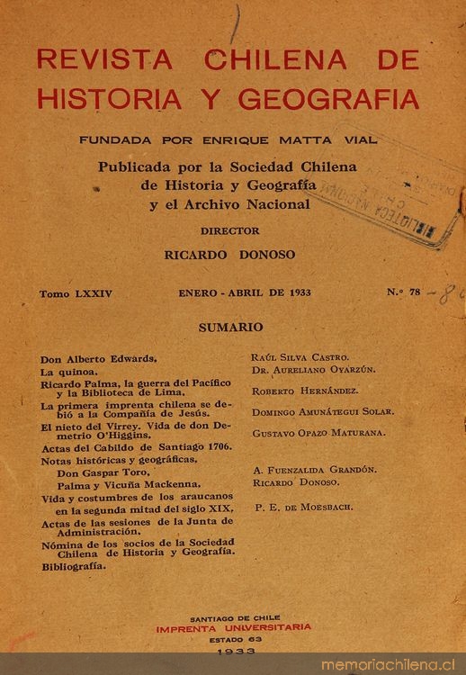 Revista chilena de historia y geografía: tomo LXXIV-LXXIV, n° 78-80, enero-diciembre de 1933