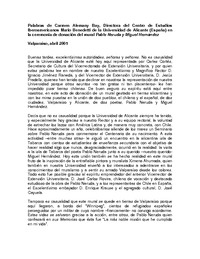 Palabras Carmen Alemany Bay, Directora Centro de Estudios Iberoamericanos Mario Benedetti Universidad de Alicante