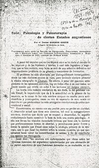 "Psicología y Psicoterapia de ciertos estado angostiosos" - Germán Greve Schlegel