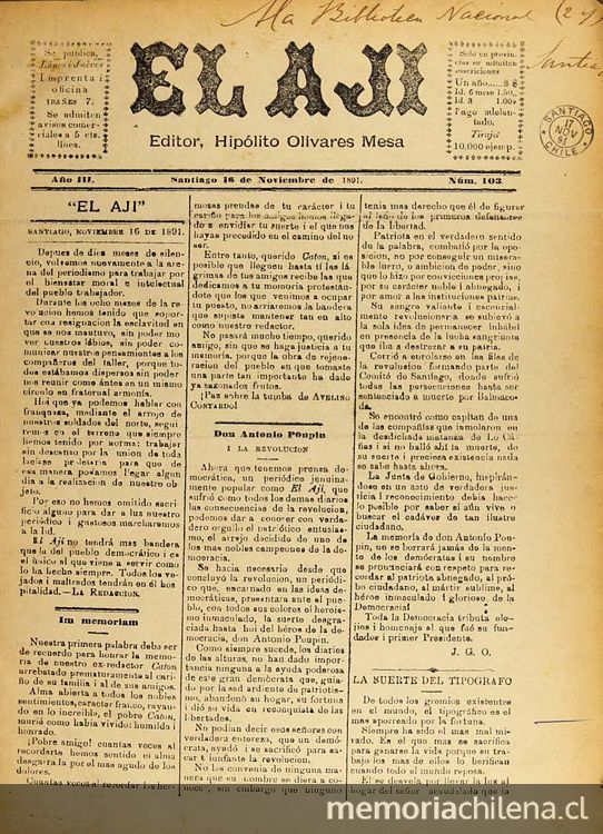 El Ají: año 3, no. 103-207, 16 de noviembre de 1891 a 6 de noviembre de 1893