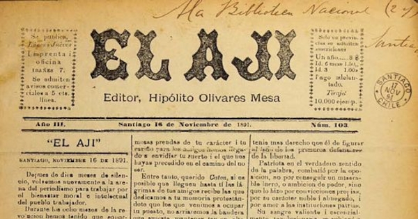 El Ají: año 3, no. 103-207, 16 de noviembre de 1891 a 6 de noviembre de 1893