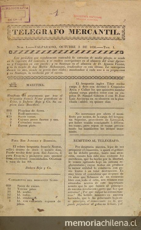 Telégrafo mercantil: año 1, no.1, 3 de octubre de 1826) a año 2, no.9, 28 de mayo de 1827