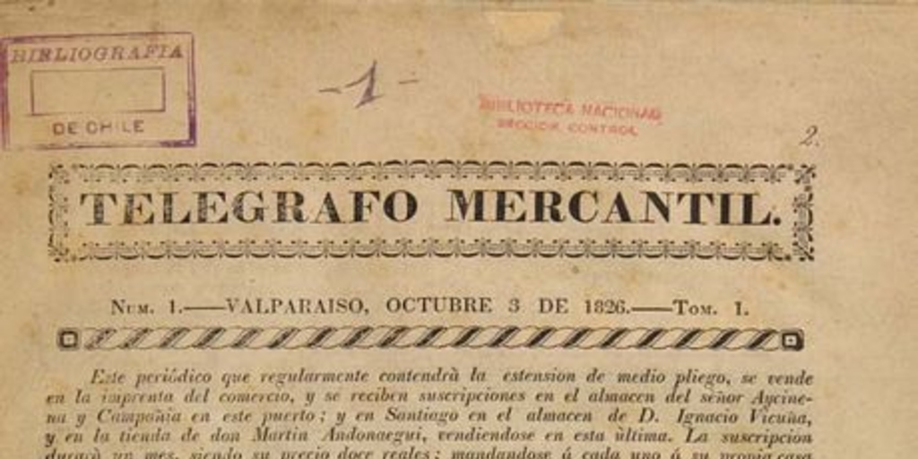 Telégrafo mercantil: año 1, no.1, 3 de octubre de 1826) a año 2, no.9, 28 de mayo de 1827